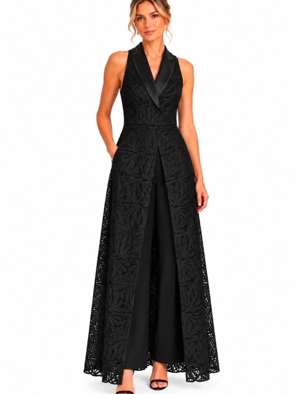 Kay Unger Black V-Neck Lace Tuxedo Halter Walk Thru Jumpsuit Gown– Size 12